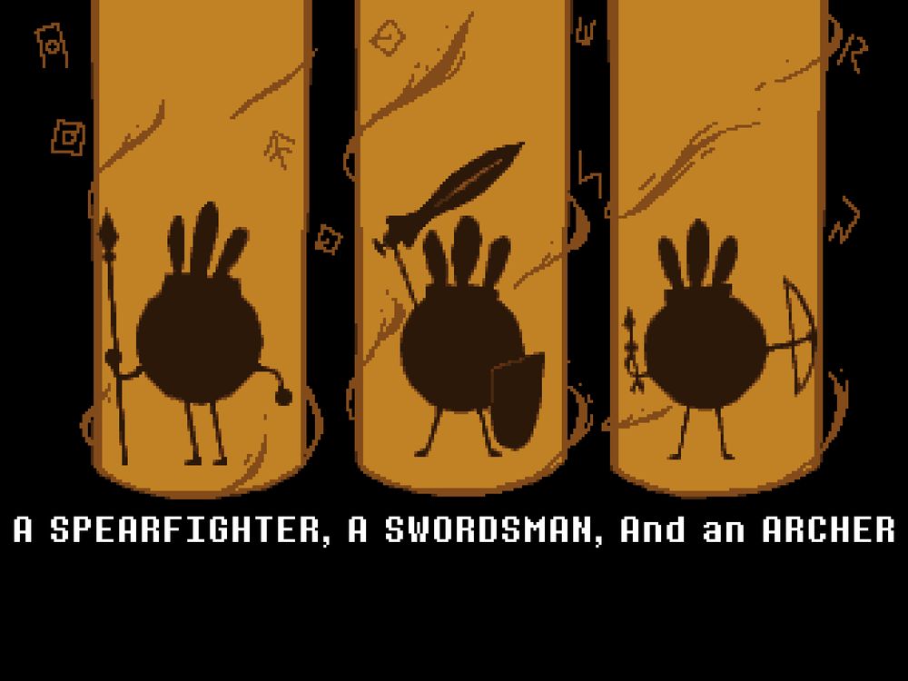 Three Patapon heroes told by legend, a SPEARFIGHTER, a SWORDSMAN, and an ARCHER.