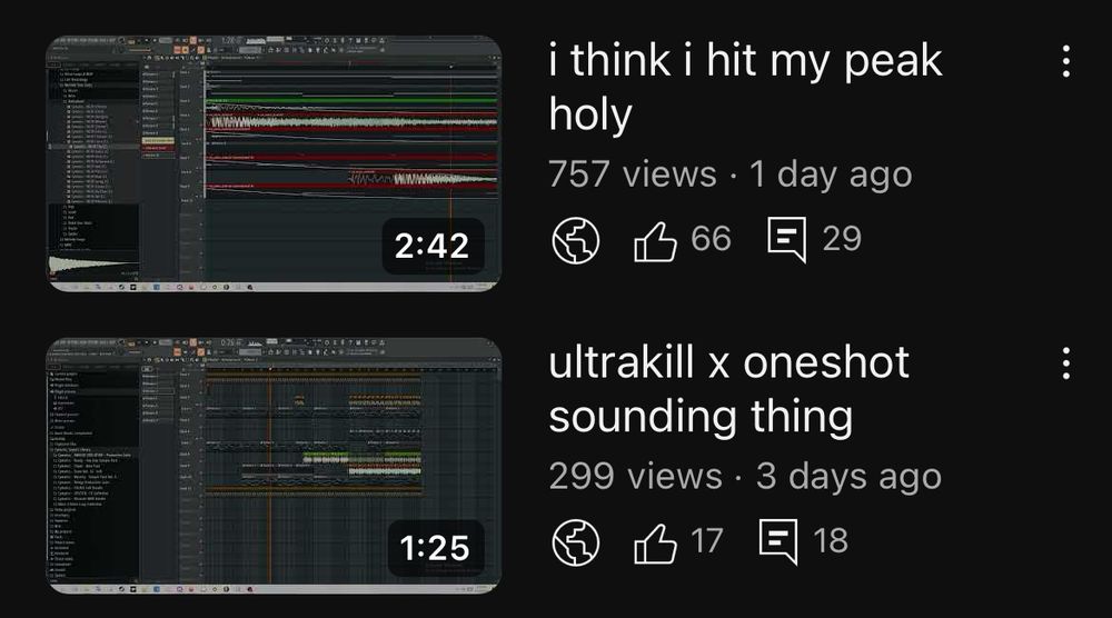 A screenshot of my channel showing my 2 most recent videos, with one having 757 views and the other having 299. This is over 6 times higher than my previously most viewed video.