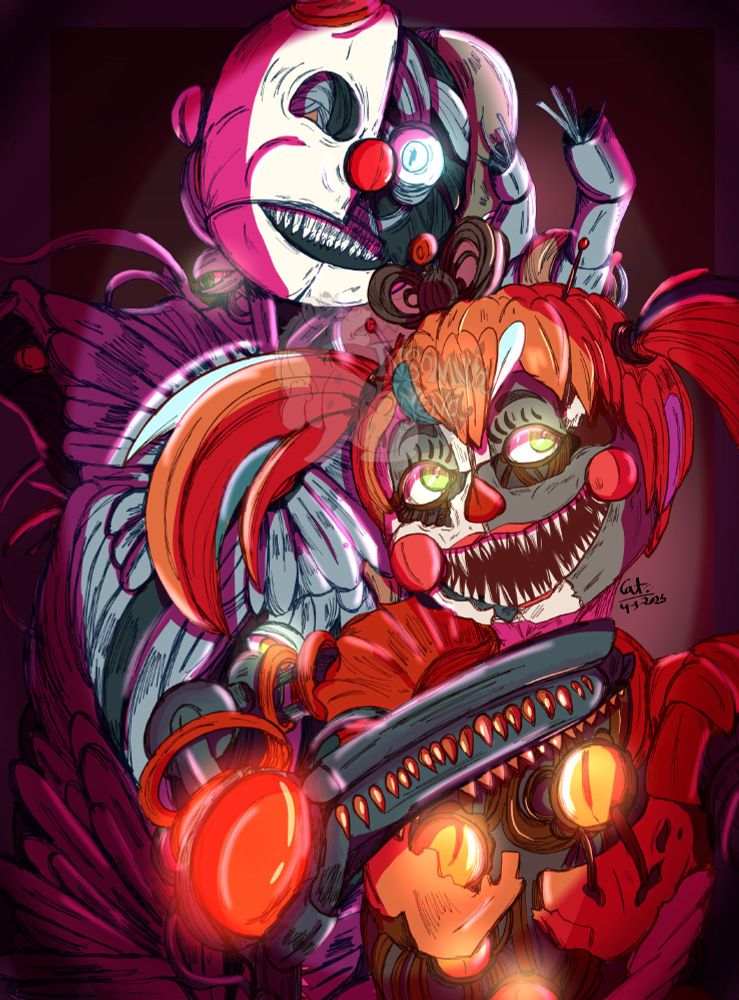 Fan art of Ennard and ScrapBaby from Five Nights at Freddy's. Scrap Baby stands at the front, her eyes looking up and to the right as she holds up the large claw making up her left hand/arm. Ennard stands behind her, looming over her slightly in the background, he looks more straight ahead, and holds his hand over the back of ScrapBaby's head.
This version included some shading and extra highlights, making the two look as if they're in some sort of spotlight.