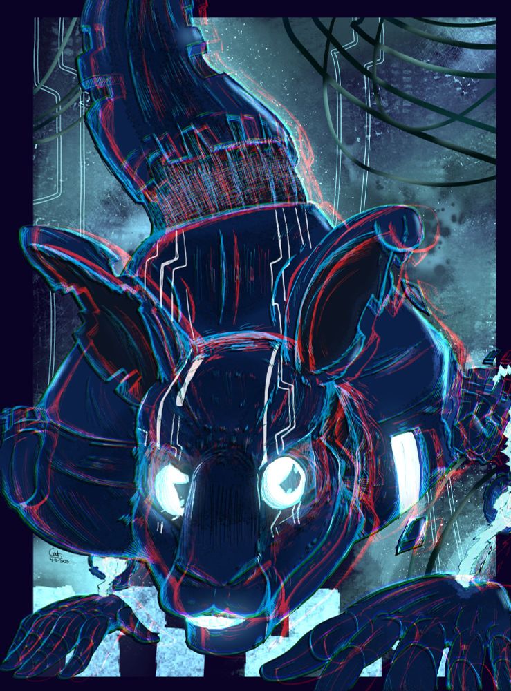 Fan art of M.X.E.S./The M.X.E.S Entity from Five Nights at Freddy's. He is a strange, somewhat humanoid rabbit creature, who's lower half is made up of a long tail and no legs. He is shown here, crouched low as if crawling towards the viewer, this version includes glitch-y effects.