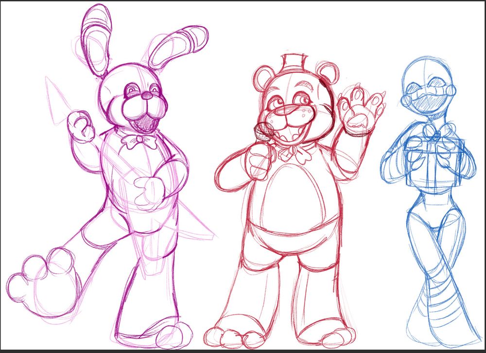 A trio of sketches of FNaF Characters, Bonnie, Freddy and Puppet/The Marionette. They're drawn in a simple, more "Cute" art style meant to resemble some of the 2D assets in FNaF: Security Breach. Bonnie's guitar is not fully sketched in yet. Freddy holds his microphone and waves to the viewer, Puppet holds a present box in her hands.