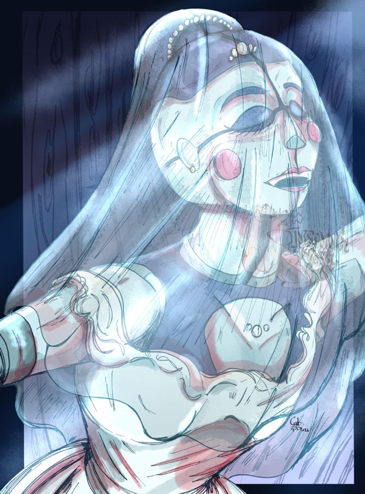 Fan art of Ballora from Five Nights at Freddy's. She is shown here, wearing a ballet costume that includes a semi-transparent veil, and standing in a spotlight that comes down from the top right at an angle, Her arms are outstretched and her head is tilted slightly back as she faces towards the right.