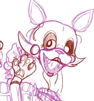 Cropped headshot from a sketch of Mangle in a similar style to the Freddy, Bonnie and Puppet in the other image, she looks off to the left slightly and is smiling