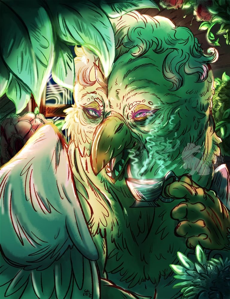 A digital art piece depicting an AU version of Chica from Five Nights at Freddy's, she is turned facing slightly to the left with her eyes towards the "camera" and tucked in among various plants. She is smiling and holding a steaming teacup in her hand. Her wings are folded up around her shoulders, obscuring much of her body aside from her face and neck. 