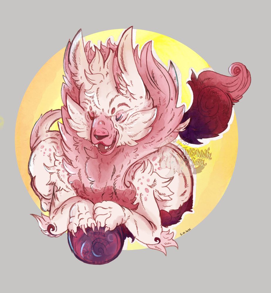 A digital drawing of an AU version of Mangle from Five Nights at Freddy's. This version is designed more like a noodle dragon than the original character design. Mangle is shown here, facing forwards with her head angled downward and her long body coiling back behind her. A think mane of fur wraps around her head and neck and down her chest and stomach. Her front paws are resting on a purple, pink and blue hued sphere. She is smiling. 
Behind her is a simple "background" of a yellow circle. 