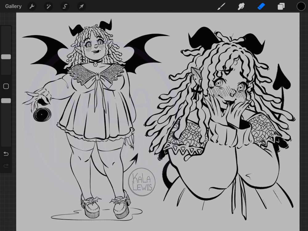Screen shot of my Procreate app screen, showcasing my demon girl OC Margot. In one pose she shows off a possible ability she has. In another pose she is holding her cheeks bashfully.