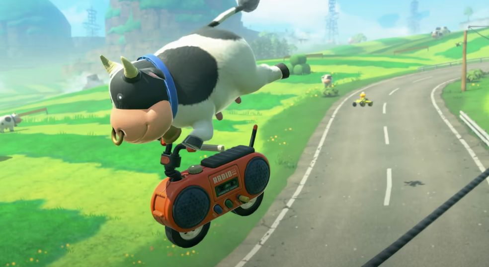The cow from “Mario Kart World” flying through the air 
