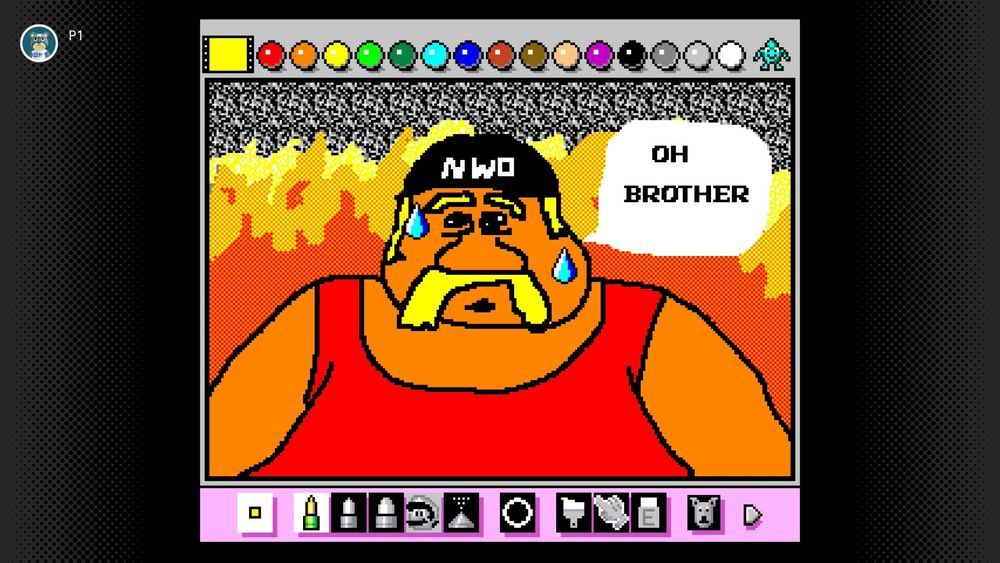 Cartoon drawing of Hulk Hogan burning in hell. He's saying "Oh brother" and sweating. Drawn in Mario Paint 