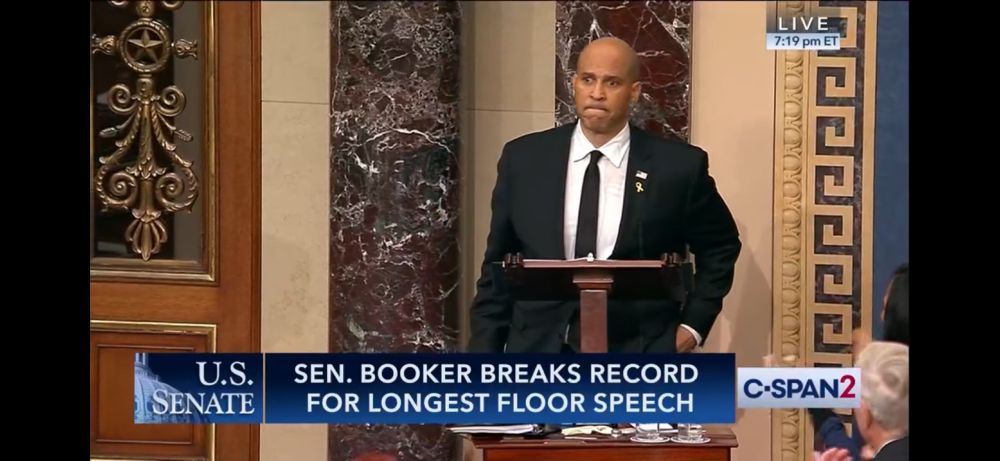 A screenshot of the C-SPAN broadcast of Senator Corey Booker breaking the filibuster record.