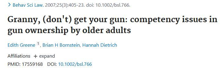 A screenshot of an article title that reads Granny, (don't) get your gun: competency issues in gun ownership by older adults