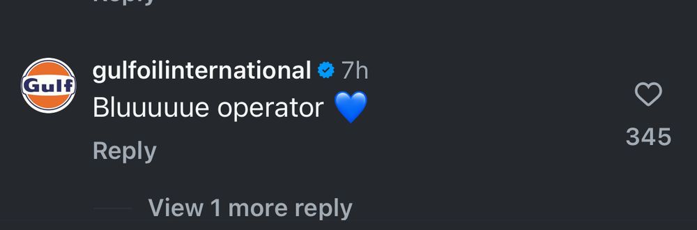 Gulf Oil commenting “Blue Operator” on Williams Racing Instagram post of Carlos Sainz