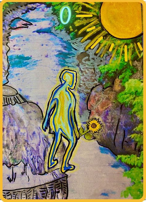 a Fool tarot card with a hand drawn figure blithely stepping off a gorge cliff in VT