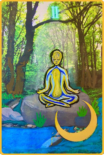 a Priestess Tarot card with a figure meditating on a large stone in the woods 