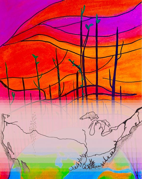 a hand drawn map of a route across a sea-risen US, superimposed over a background of hopeful leaves sprouting from trees in an sunset sky over the Earth


elemental magic
visions
survival skills
climate fiction
#clifi
indigenous futurism
plant medicine
meditation 
wilderness
permaculture
neotribalism
community
backpacking
post-apocalyptic
hopepunk