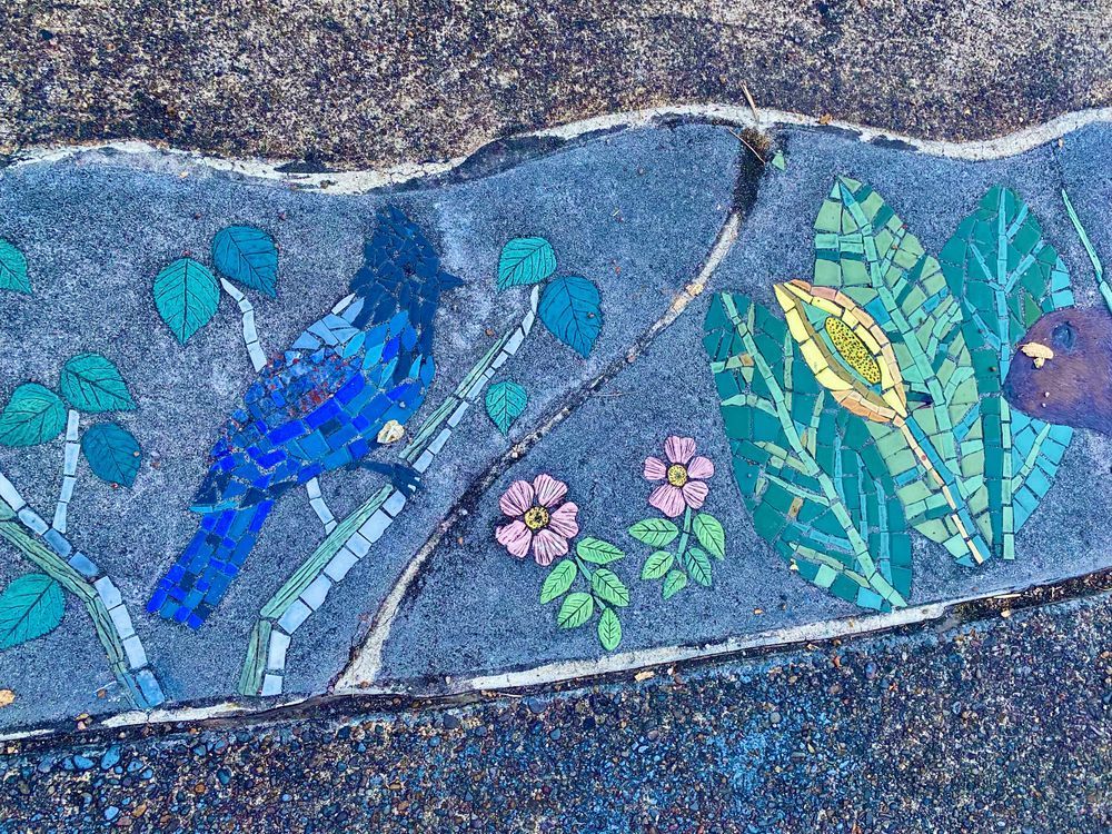 mosaic art of a Stellar's Jay, beaver, skunk cabbage bloom, and other plants on an offshoot of the Springwater Corridor Trail near Powell Butte