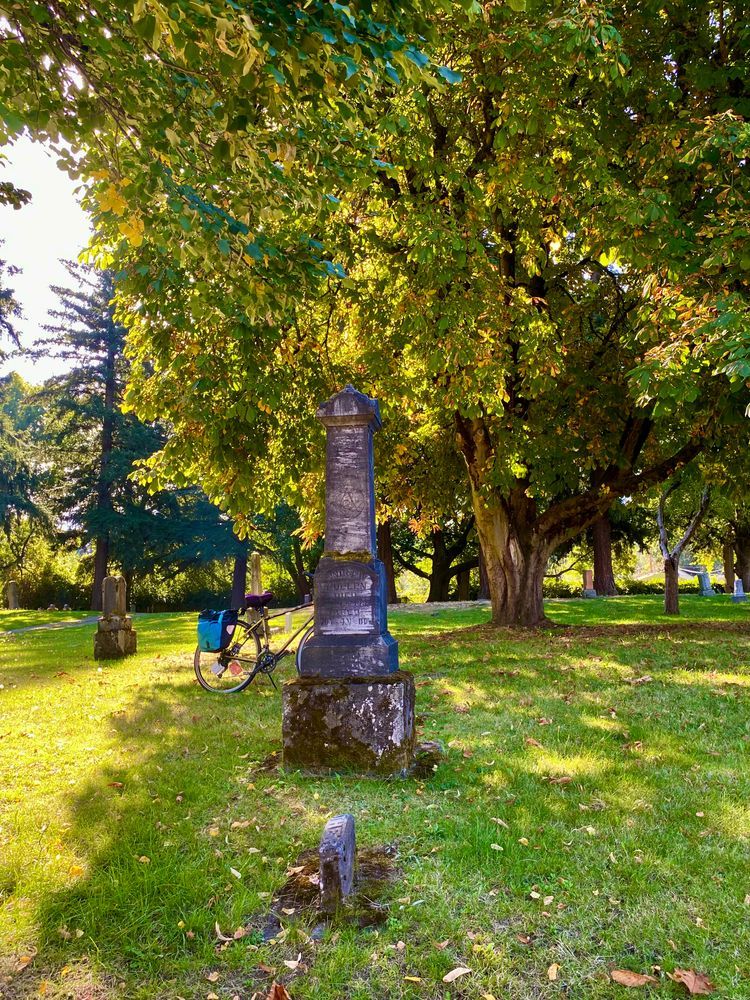 tall mossy grave stone in front of lovely trees & my bike