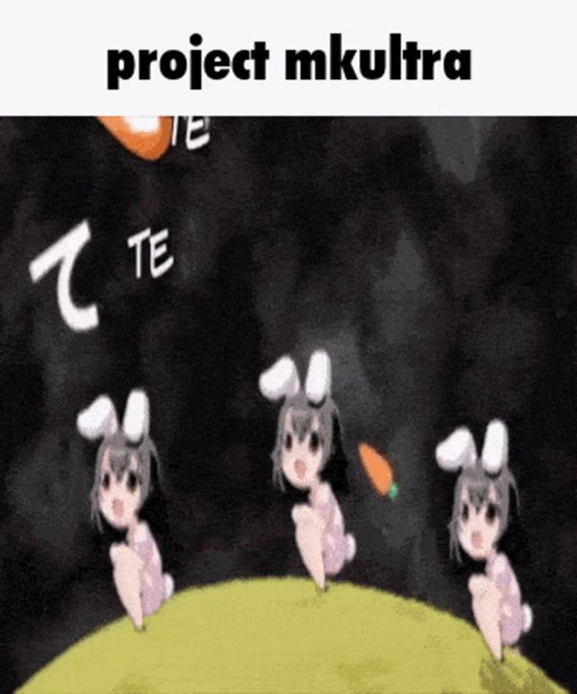 three anime girls with bunny ears are dancing on a hill with the words project mkultra written above them