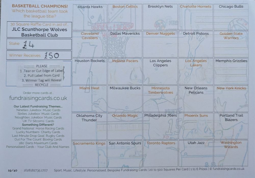 Basketball Team Name Card

£4 to enter, winner receives £50. The rest goes to support junior basketball.

JLC Wolves Basketball 
Sort code: 230580
Acct number: 26962099