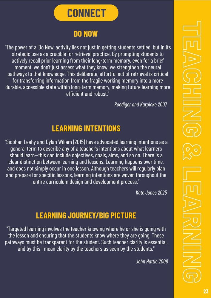 A page from a Teaching & Learning handbook that breaks down the "Do Now" the "Learning Intentions" and the "Learning Journey/Big Picture" with quotes from Roediger & Karpicke, Kate Jones and John Hattie.