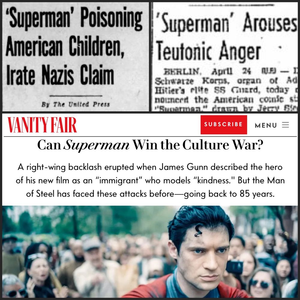 American newspaper clips from 1940, “Superman Poisoning American Children, Irate Nazis Claim. Plus, my Vanity Fair story: Can Superman Win the Culture War?