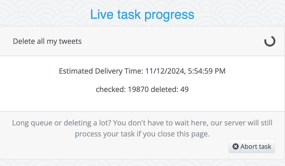 tweetdelete's live task progress screen. It shows the progress of deleting all my tweets. So far, it has check 19,870 and deleted 49. The job is estimated to be complete about 20 minutes after the screenshot was taken.