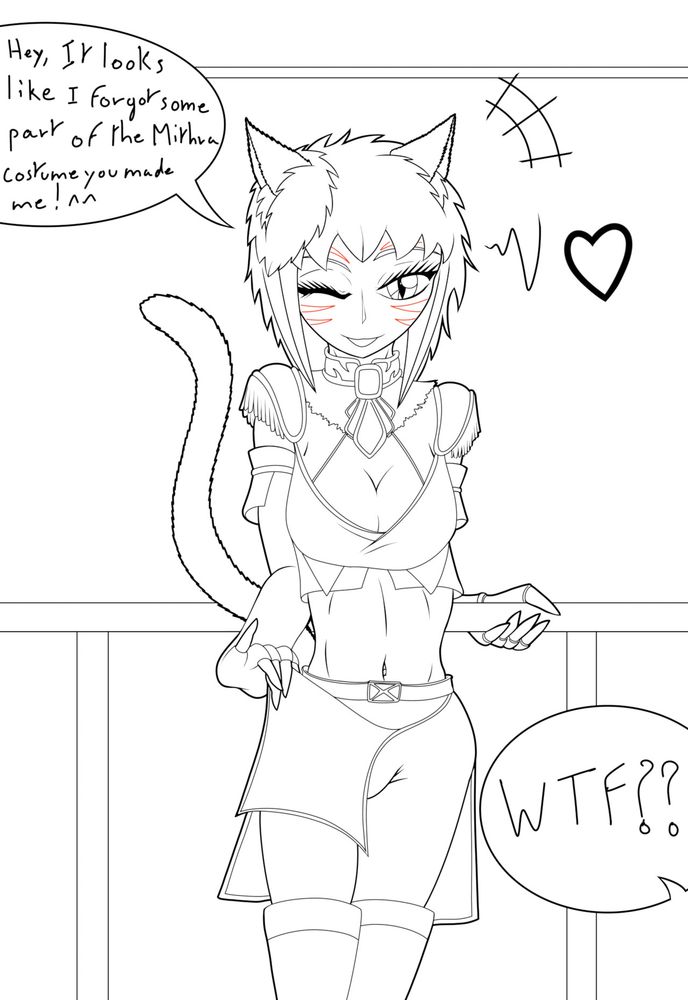inking of a drawing where a catgirl called Kooki is wearing a cosplay of a Mithra from Final Fantasy XI, but it seems she forgot the panties XD