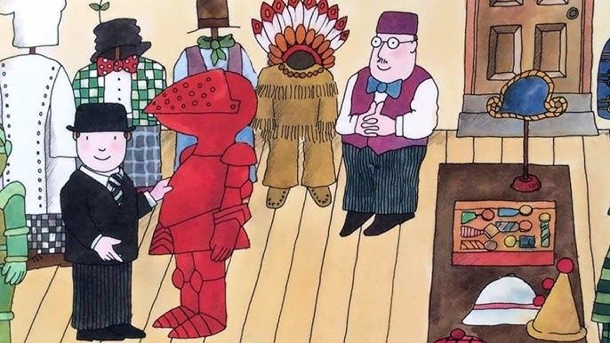 Mr Benn and he shopkeeper standing in the costume shop from Mr Benn. 