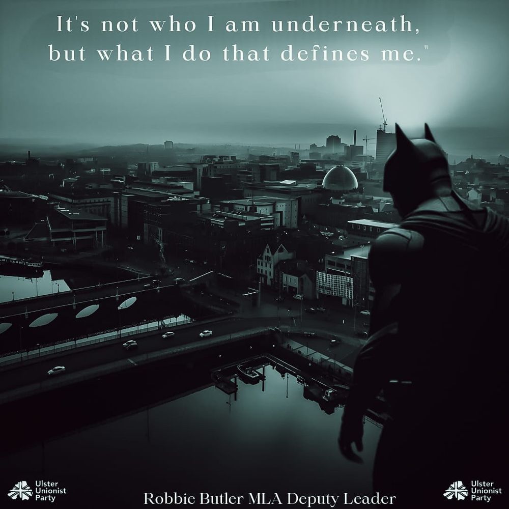 "It's not who I am underneath, but what I do that defines me." Batman Quote image is Batman looking across the Belfast skyline