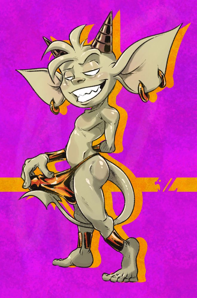 A drawing of a cartoony light yellow-colored imp with a large head, slender torso, thick legs, and a long, spade-tipped tail. He looks to the viewer with pupil-less eyes and a wide cheeky grin. He has two shiny conical horns on his head, three piercings in his large floppy ears, golden bracers on his wrists and ankles, and a stretchy golden thong straining to hold a prodigious set of male genitals. He has one arm tucked behind his back, the other reaching out to gingerly press down on his covered cockhead with his fingertips. Meanwhile his tail curls in and tucks between his legs, the wide spade tip hefting the bottom of his clad bulge.