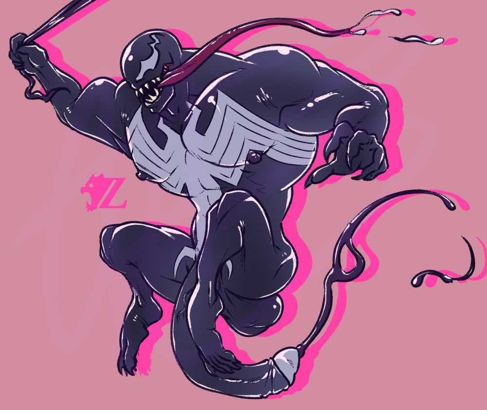 A quick sketch of Marvel's Venom, a male superhero/supervillain encased by a goopy alien symbiote like a suit, swinging with some "webbing". He is cartoonishly muscular in body, with a cinched waist, a huge chest, massive biceps and thighs, leading down to comically small hands and feet, as his tongue dangles behind him as it hangs from his toothy maw. More noticeably is the quite large cock and overfull balls swinging between his legs, slinging ink-colored precum behind it as he swings through the air.