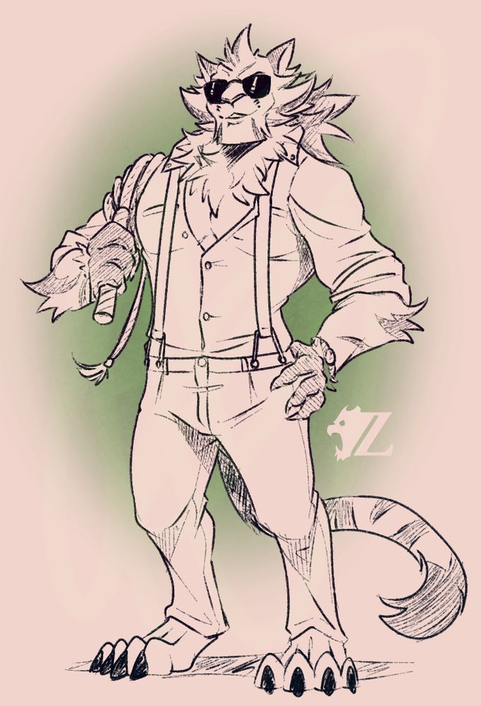 Jin Qiu, a male anthropomorphic tiger from mobile gacha game "Dislyte." He is standing confidently, a gloved hand resting on his hip, as the other holds the grip of a whip, the coils wrapped around his shoulder. He is scruffily-furred with locks of fur all over, as well as tied back into a messy ponytail. He wears dark aviators to obscure his eyes, a cheeky grin, a collared shirt with the first few buttons undone and sleeves rolled up to the elbows, and a simple pair of slacks held up by a smart pair of suspenders.
