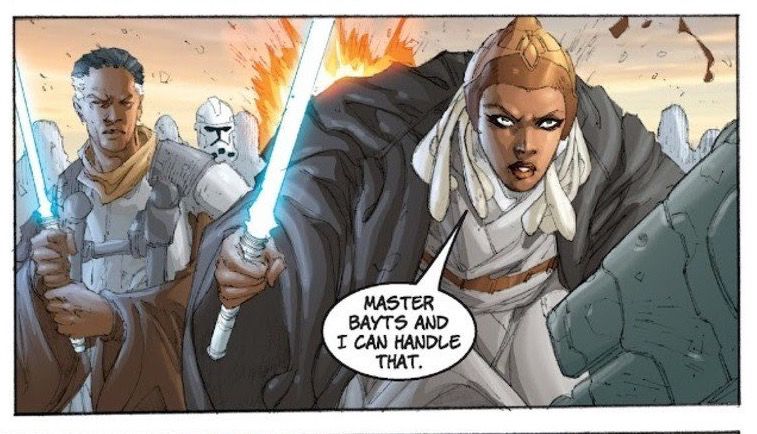 A panel from a Star Wars comic. Adi Galia lunges forward with a lightsaber, very seriously and says “Master Bayts and I can handle that.” Behind her is Master Bayts.