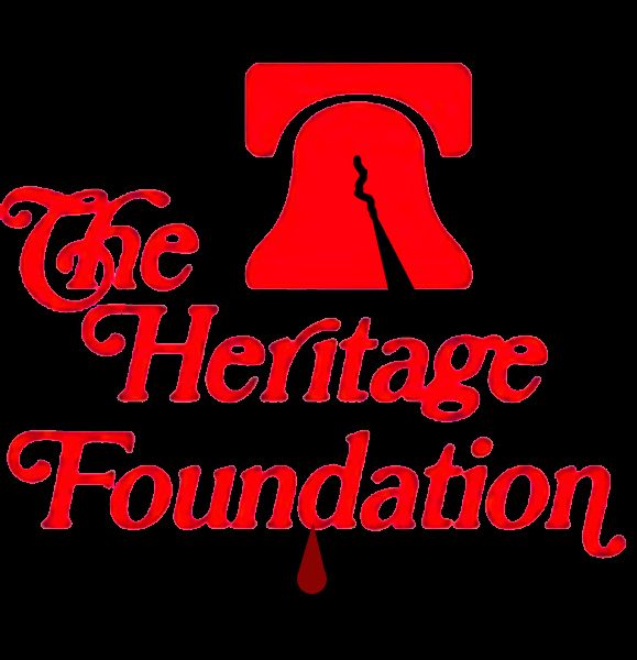 the Heritage Foundation's logo-- ordinarily a blue bell with the words 'The Heritage Foundation"-- but parodied in red, with a black background, a cracked bell, and blood dripping from the d in 'foundation'