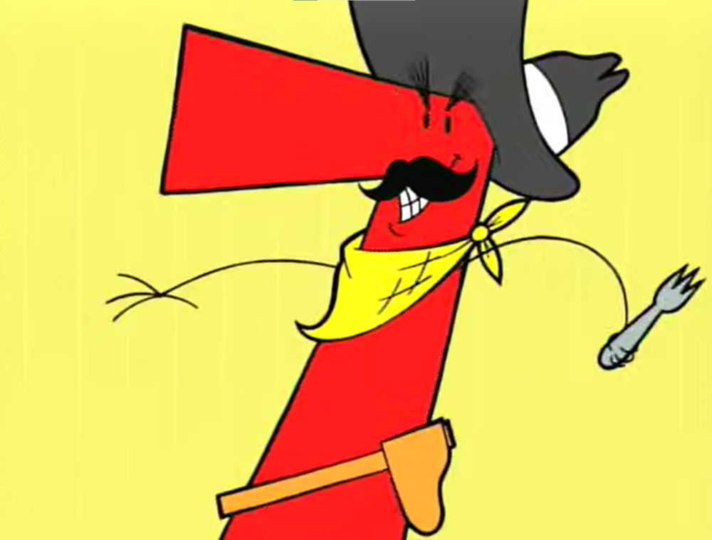 Seven of Nine
(7 from the music video 7 8 9 by Barenaked Ladies)
(A red, somewhat angry looking, 7 with a mustache, cowboy hat and holster with a fork in its left hand getting ready to eat 9)