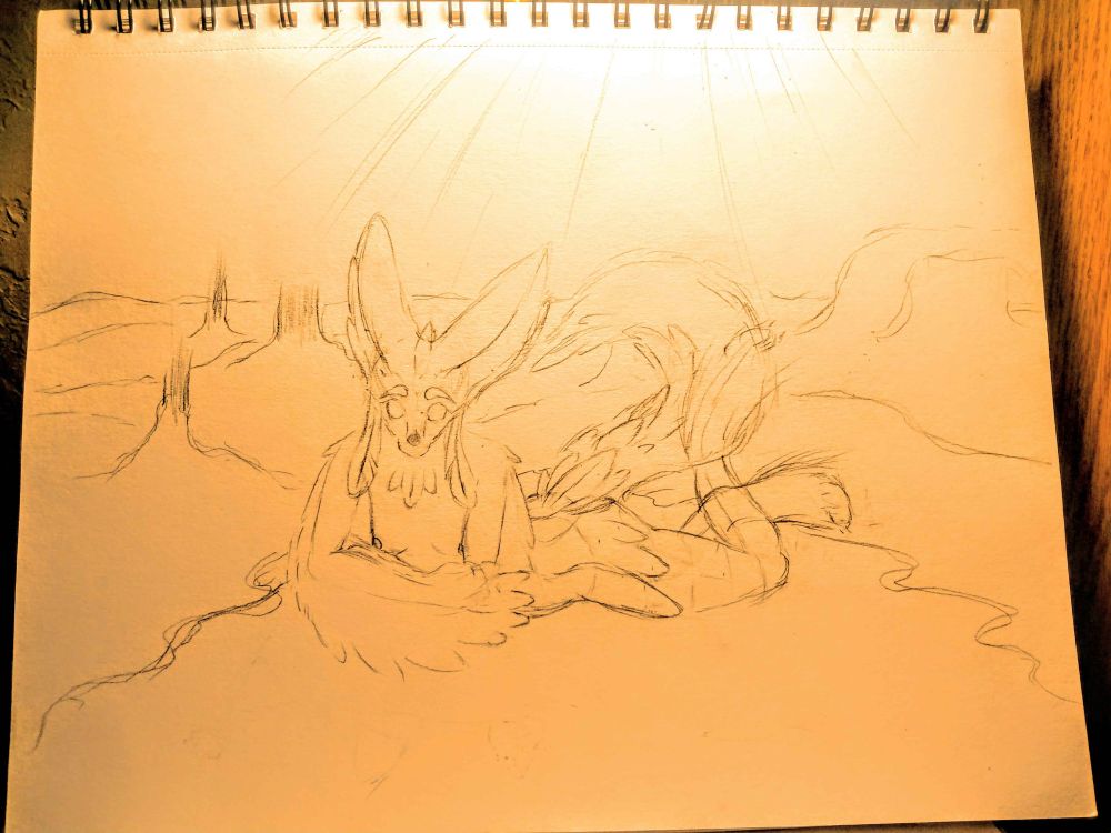 a rough sketch of my fursona, sol, sunbathing on a rock in a canyon environment similar to monument valley. sol is nude, and facing the viewer while their legs are kicking in the air.
