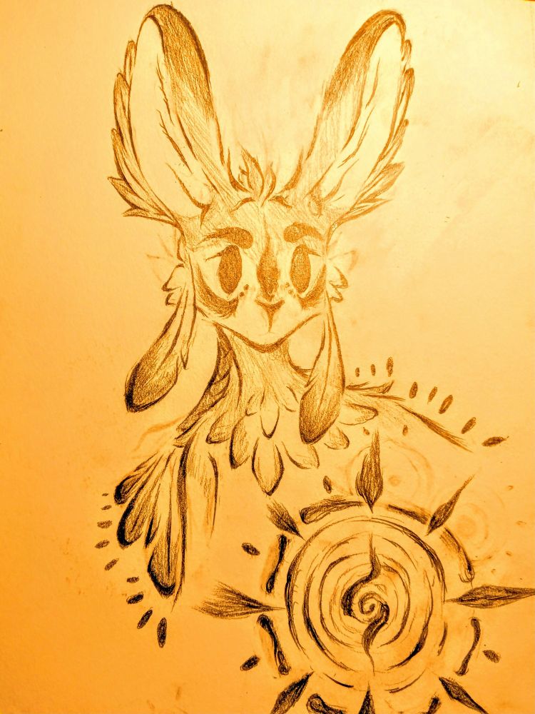 a bust of an anthro fox-bird species with a stylized sun sigil drawn below their head. the foxbird is looking slightly to their right, while wearing bodypaint on their cheeks and the bridge of their nose.