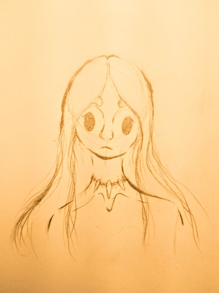 a sketch of my artist sona, sol, facing the viewer and wearing a small bone necklace.