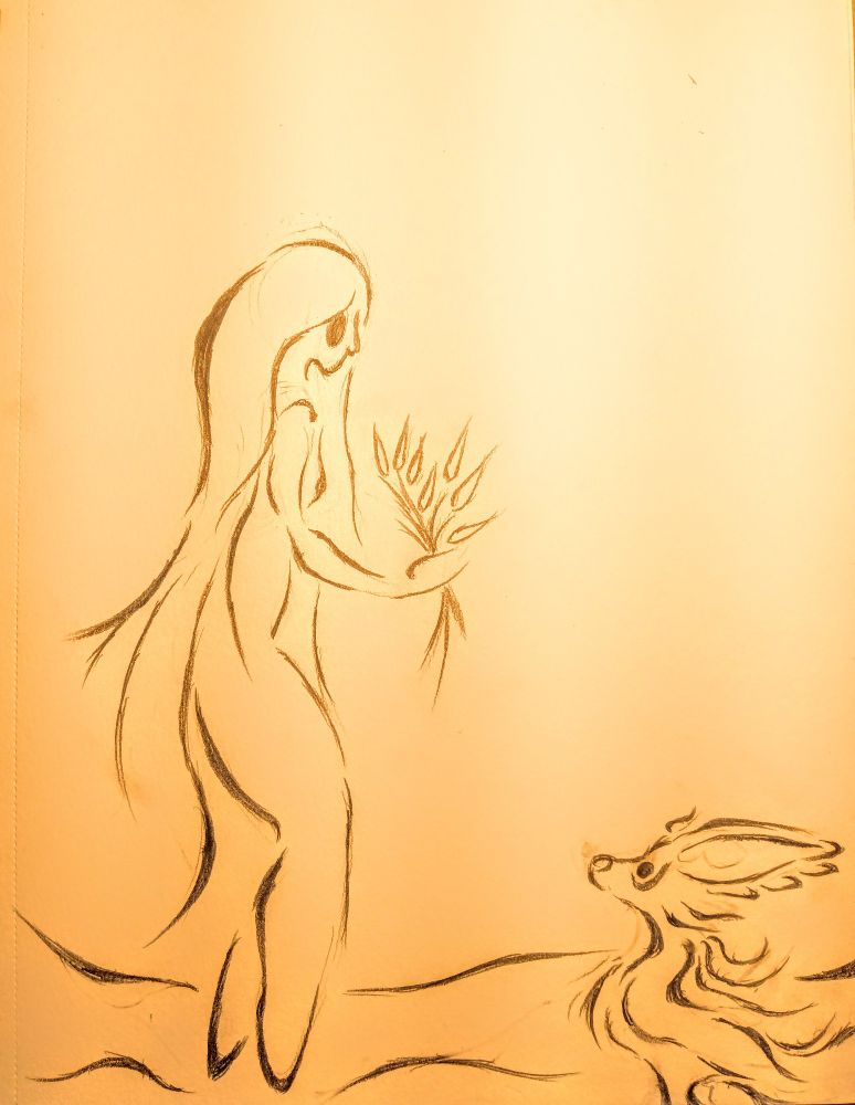 artwork depicting a long-haired figure leaning down towards a small bipedal creature with features of both a fox and a bird, stylized in a manner similar to cave paintings and ancient wall art. the figure is holding a plant, likely being used to feed the foxbird.