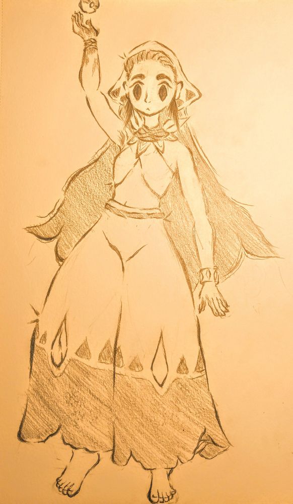 pencil artwork of my pokémon trainer sona, sol wearing a headkercheif, a halter wrap top, and large pants adorned with block-printed triangle motifs. they are also wearing a wooden armband, a z-ring, and a piece of neck jewelry resembling the neck of a helioptile. their hands are covered in dye stains, likely from recent pottery work.