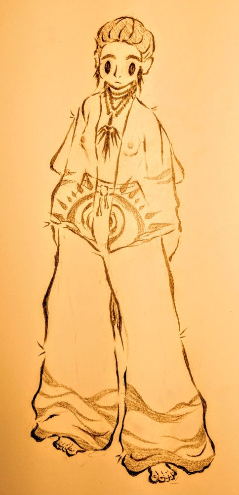 a pencil drawing of my artist representation sol wearing an open coat with a sun pattern, a stylized wooden necklace depicting a rising bird, and large pants with a block-printed sand dune pattern.