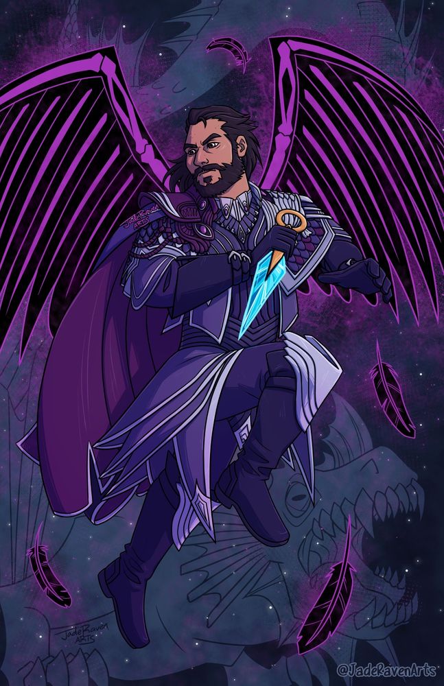 Dragon Age: The Veilguard fanart. Lucanis Dellamorte in his Corvid Cloak outfit, demonic wings out with feathers trailing, posed in a leap with one knee up, lyrium dagger held backhanded in front of his heart as he glares down. The background is a starry night sky with the translucent image of a roaring wyvern.
