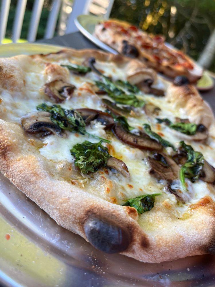 White veggie pizza with mozzarella, mushrooms and spinach 