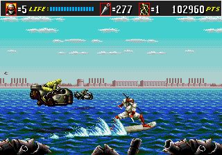 Shinobi 3 screenshot: Joe Musashi surfing while fighting ninjas on hoverbikes. 