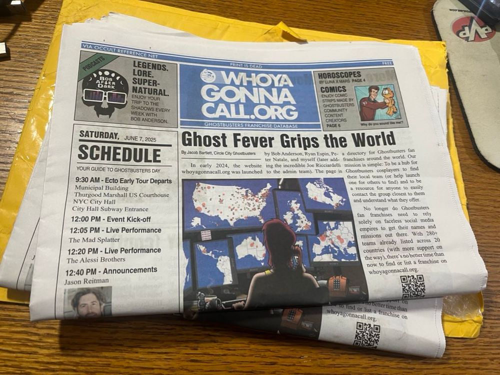 A USA Today style newspaper, changed to WhoYaGonnaCall.Org, featuring lots of Ghostbusters articles, ads from fan franchises, and information about Ghostbusters Day 2024.