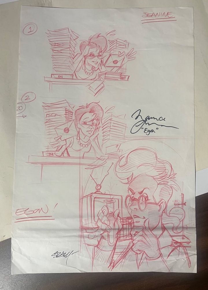 The red pencil concept sketch of the comic cover of Egon in his lab. Includes two concept sketches of Janine at her desk overwhelmed with paperwork.