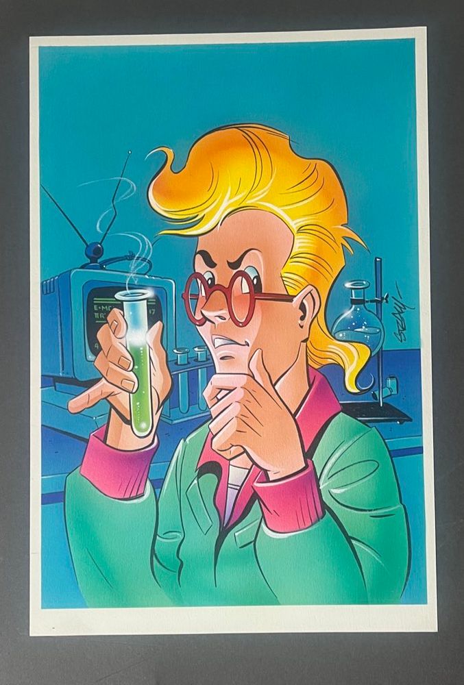 Fantastic, vibrant, 80s style painting of Real Ghostbusters Egon pondering a vial of something green, with his lab behind him.