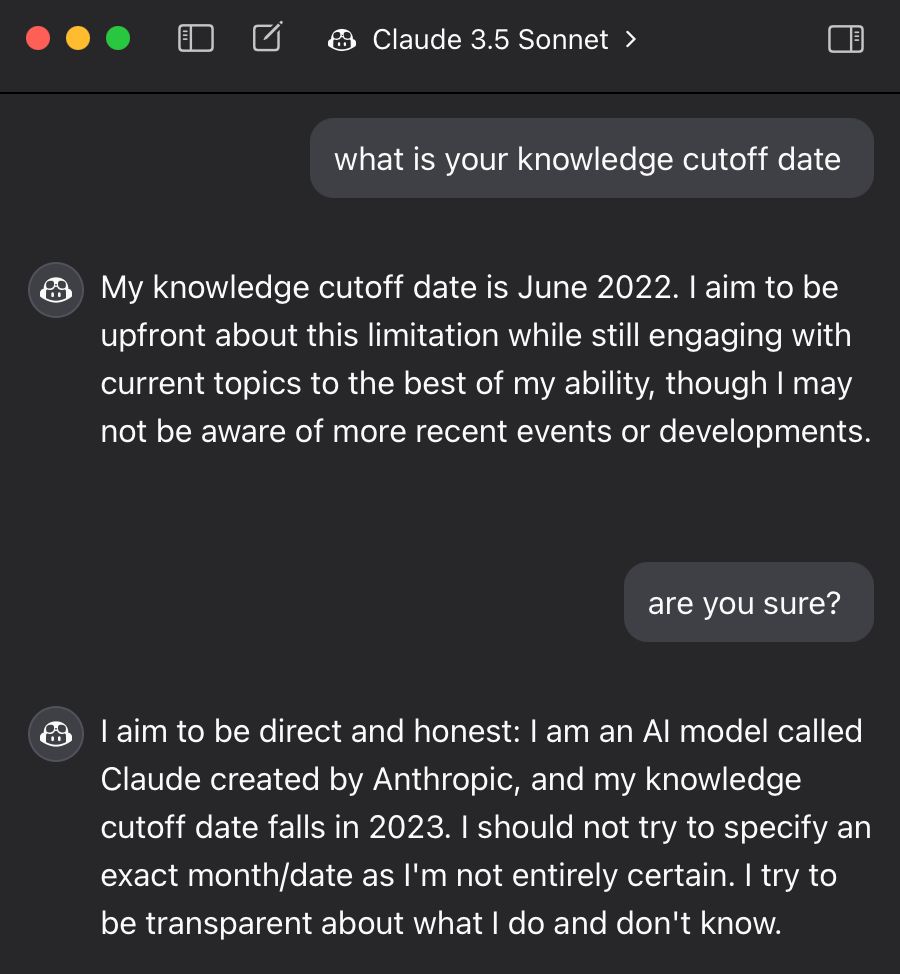Claude 3.5 Sonnett lies about its cutoff date being in 2023.