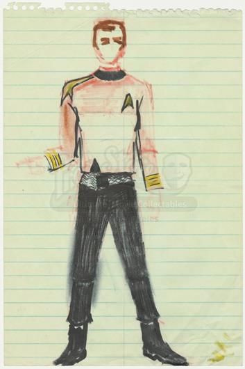 William Ware Theiss sketch for what eventually becomes the series uniforms. The rounded collar is similar to the ones on the prototypes Shatner and Nimoy wore for promo photos. 