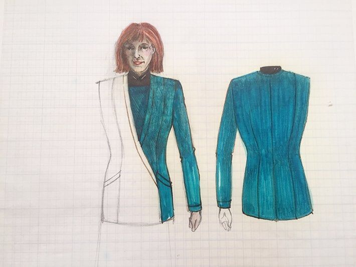 Robert Blackman sketch for Beverly Crusher's lab coat in season 3. The shorter version. It's on graphic paper, with the left half colored in, as is the face. The rest is just a sketch of the rest. Next to that on the right side is the back, which is colored in, and only shows the left arm, no head. 