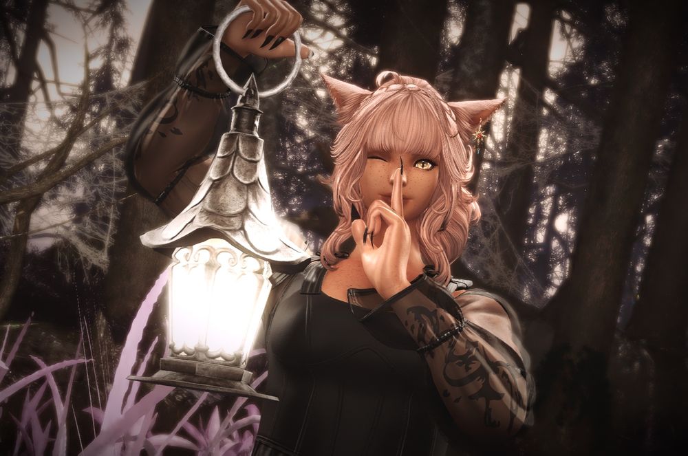 my miqo’te wol, d’alia, holding a lantern minion raised by her head and winking with a finger over her lips in a secret sign. a dark forest is behind her.